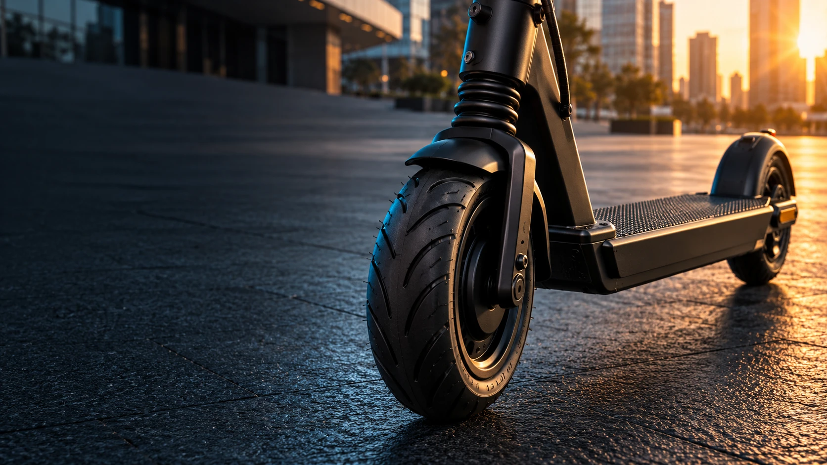 Schwarzer E-Scooter im Abendlicht auf einem urbanen Platz